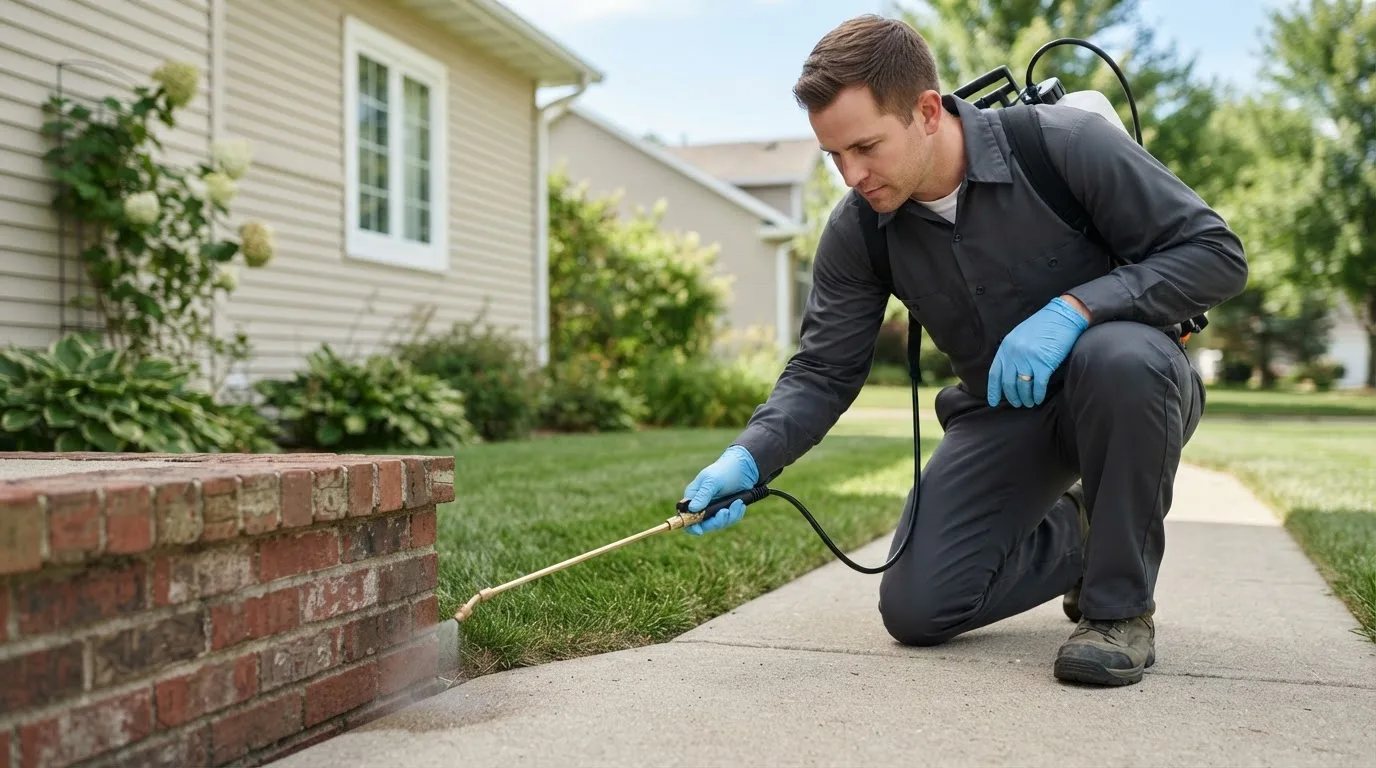 Pest control technician treating a home near Bellingham, MA