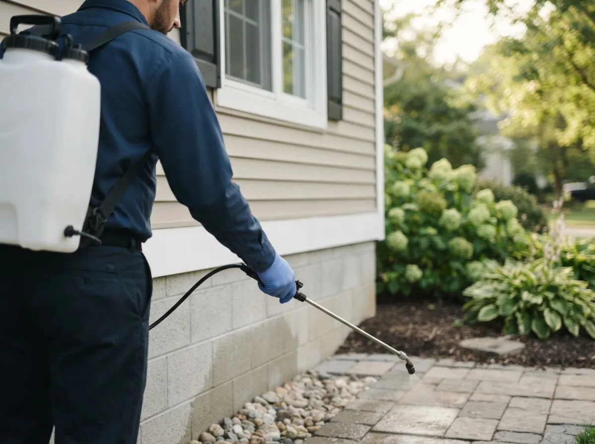 Pest control technician inspecting a home in Bellingham, MA